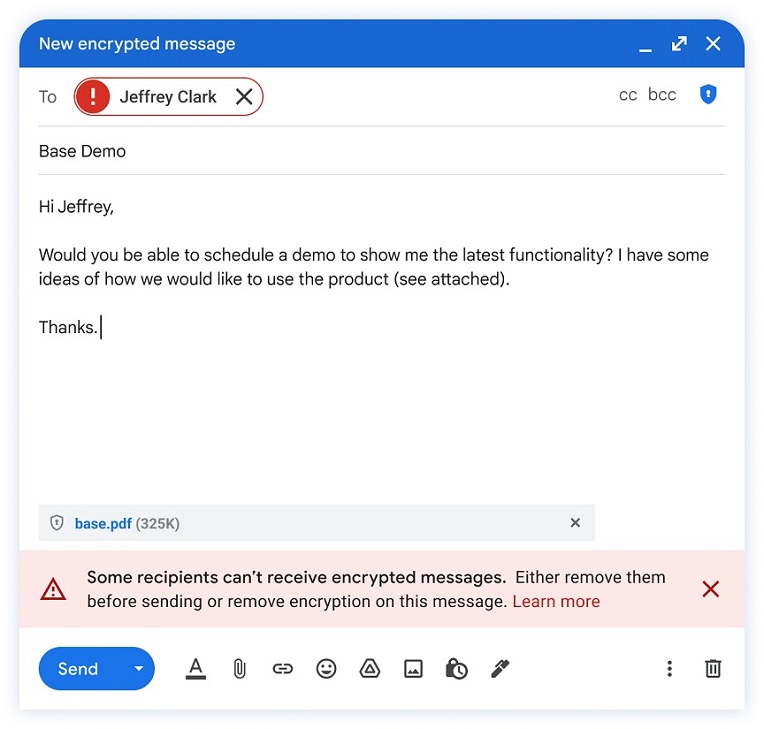 получатель, который не может получать зашифрованные сообщения, будет отмечен красным маркером. Gmail - Google Workspace Enterprise Plus