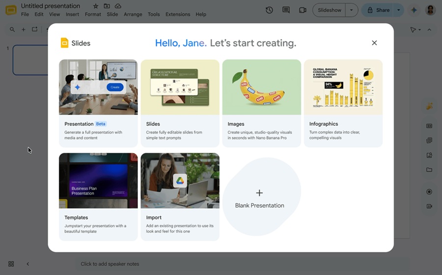 Interfejs Google Slides z oknem „Let’s start creating”, prezentujący narzędzia Gemini AI do generowania prezentacji, slajdów i infografik na podstawie poleceń tekstowych.