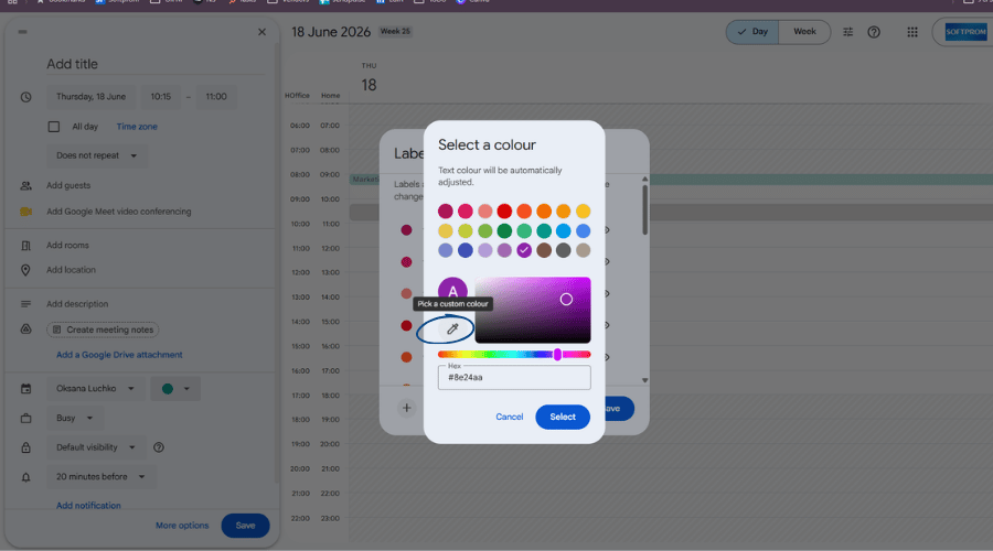 Screenshot of the Google Calendar interface in English, showing the open custom color picker (RGB color picker) window. A detailed color palette is displayed.