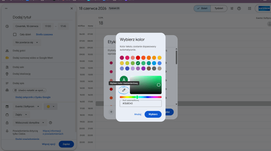 Zrzut ekranu interfejsu Kalendarza Google w języku polskim, przedstawiający otwarte okno wyboru własnego koloru (RGB color picker). Wyświetlona jest szczegółowa paleta barw.