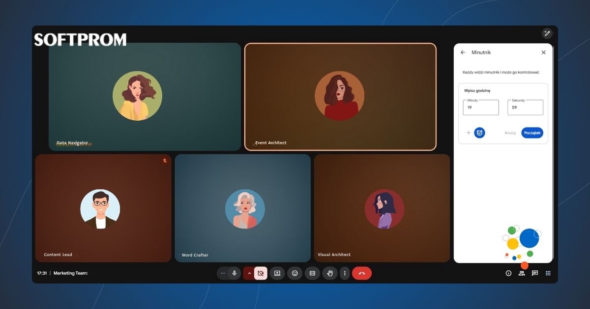 Okno ustawień minutnika Google Meet na panelu bocznym