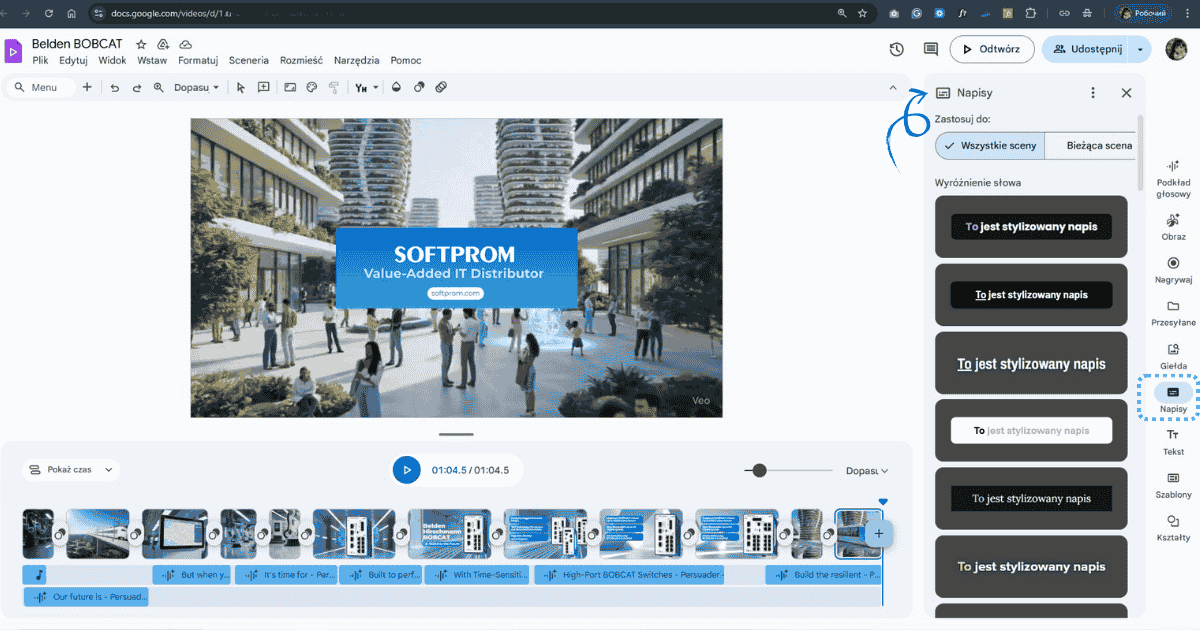 stylizowane, animowane napisy w Google Vids