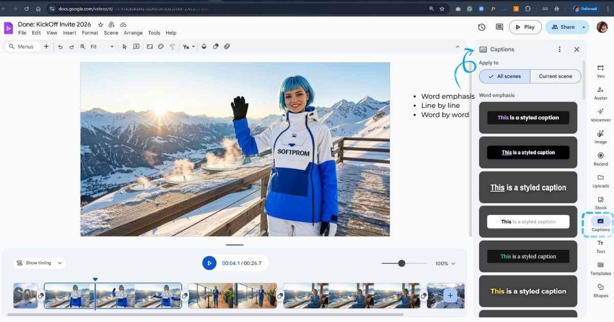 select “styled, animated captions in Google Vids