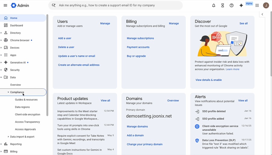 Google Workspace Admin-Konsole mit Compliance- und Datenregionen-Einstellungen für Enterprise Plus.