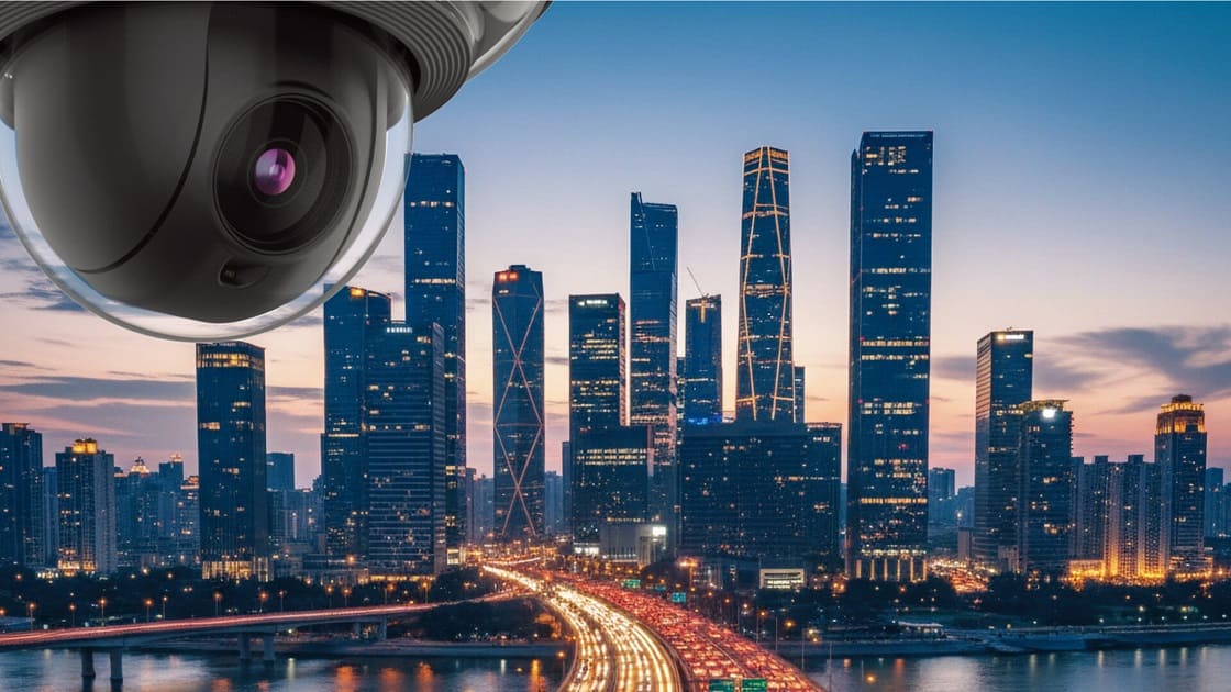 Hanwha Vision AI camera monitoring vehicle flow at a busy city intersection for ITS.