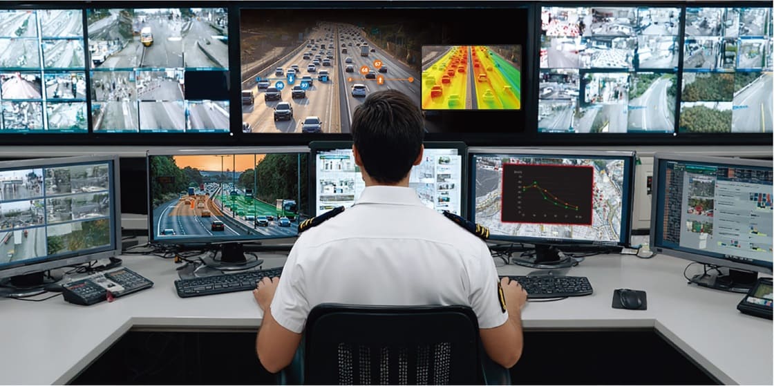 Conceptual view of a smart city integrated with Hanwha Vision intelligent security systems