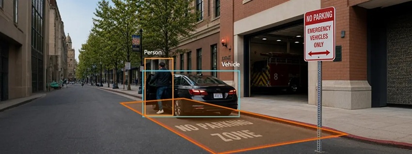 Real-time AI analytics overlay and detection zones in Milestone XProtect