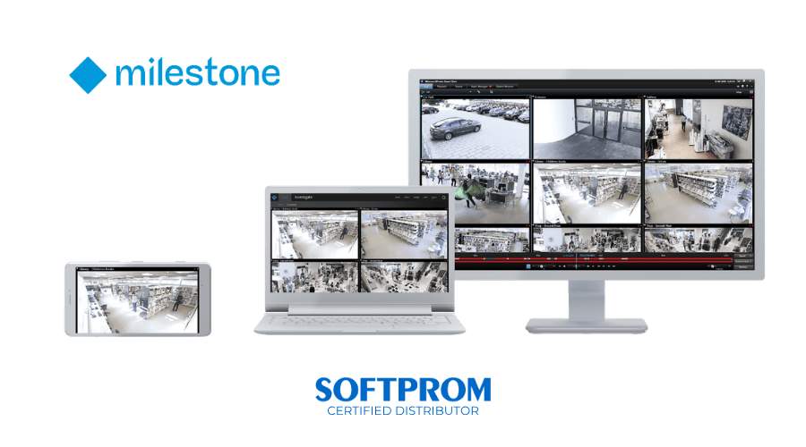 Программное обеспечение Milestone XProtect на различных устройствах: монитор, ноутбук и смартфон.