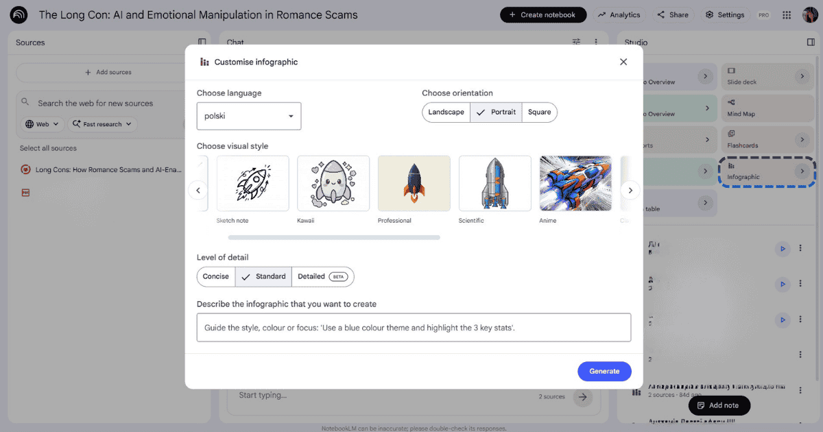 NotebookLM infographic customization interface: options to select visual style (Anime, Clay, Illustration), orientation, and detail level.