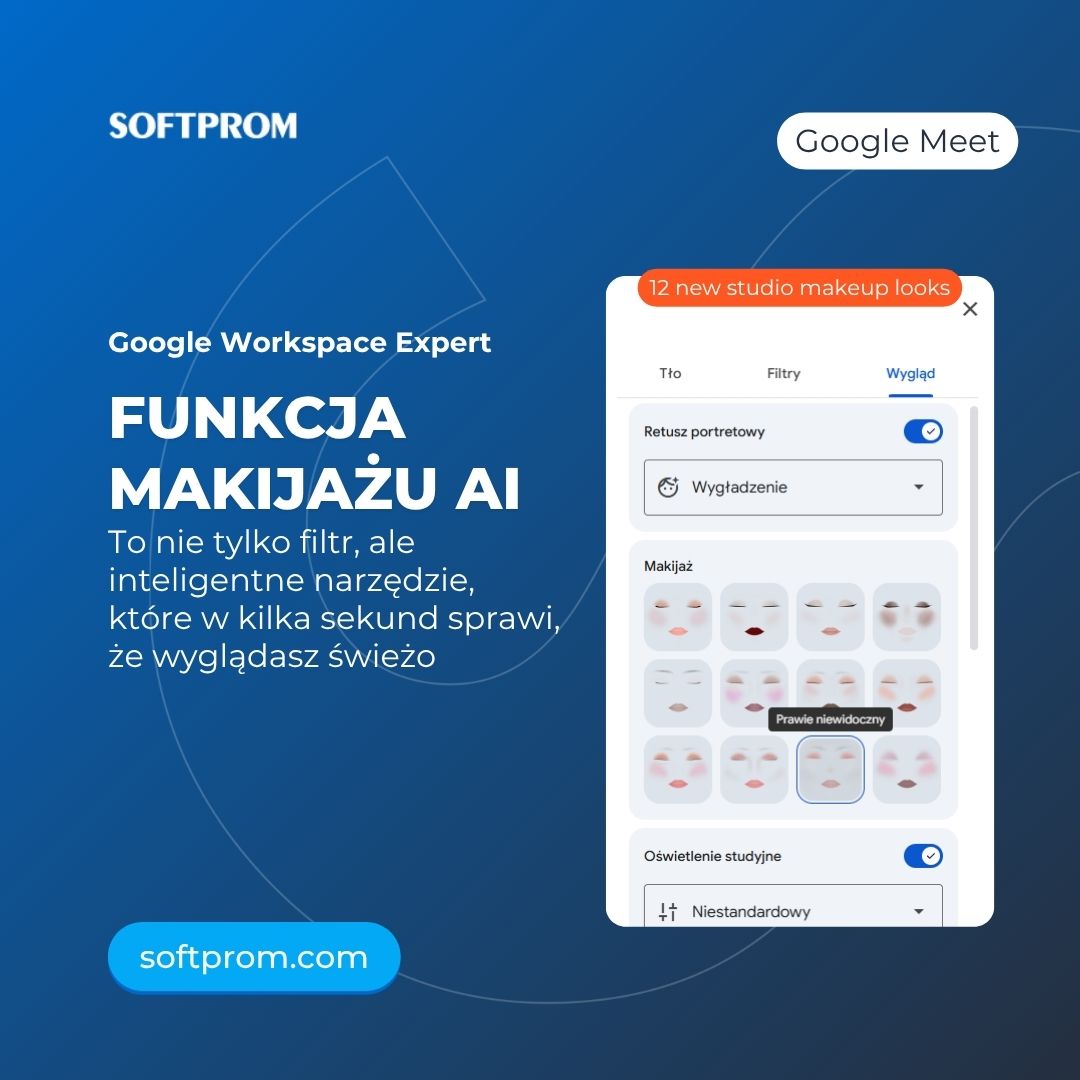 Menu ustawień Google Meet z nową sekcją Filtrów AI i funkcją wirtualnego makijażu