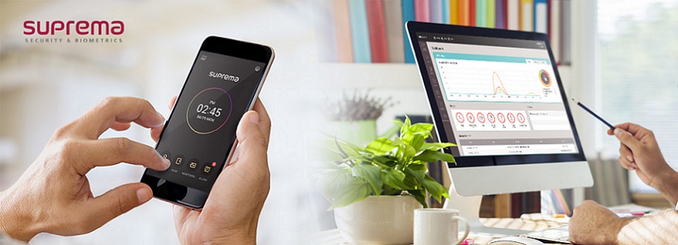 Управление безопасностью Suprema через мобильное приложение BioStar 2 Mobile и веб-интерфейс на компьютере.