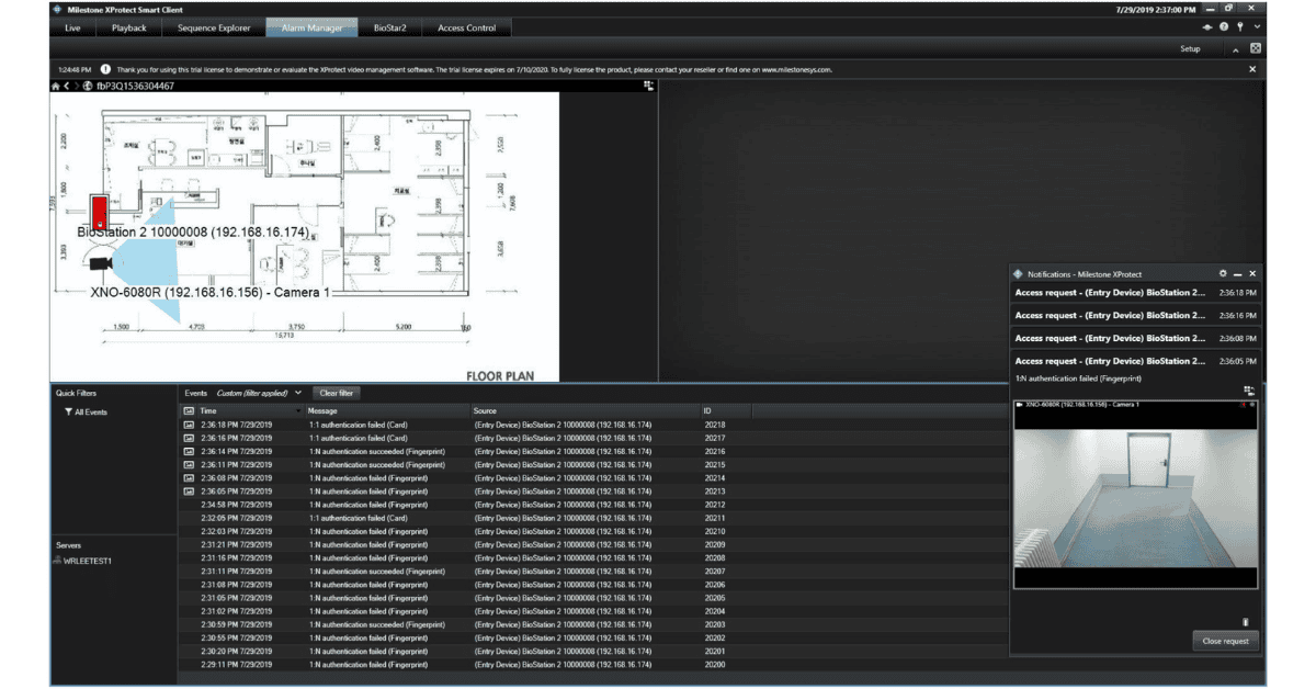 select “Мониторинг СКУД Suprema в интерфейсе Milestone XProtect Smart Client: виртуальная карта объекта и журнал событий.